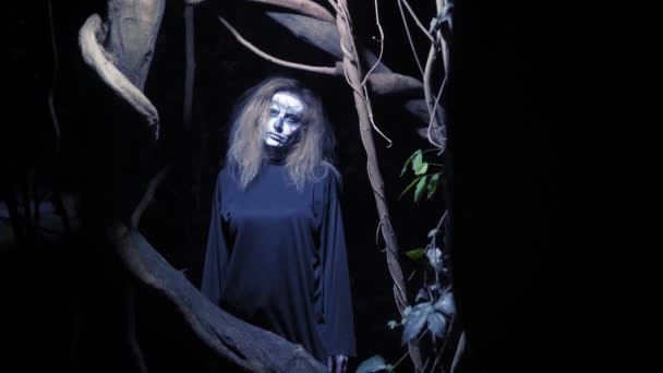 Concepto de horror, mujer fantasma en el bosque. Hermosa mujer con esqueleto de maquillaje en un bosque de miedo . — Vídeo de stock