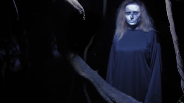 Concept van horror, spook vrouw in het bos. Mooie vrouw met make-up skelet in een eng bos. — Stockvideo