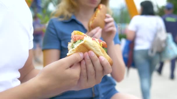 カップルの若い男女が食欲をそそるホットドッグを食べ、歩く人々の背景に公園に座って、ぼやけた背景. — ストック動画
