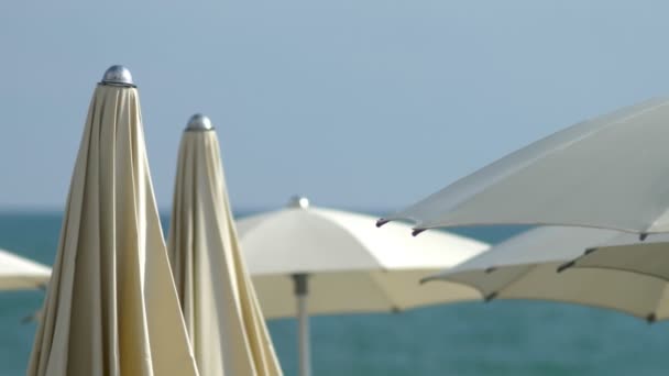 Bulanık arka plan. plajda plaj sandalyeleri ve şemsiyeler — Stok video