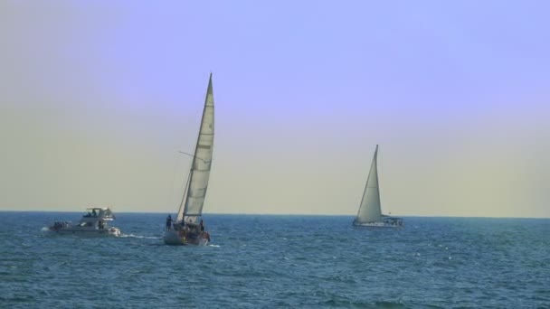 Conceito de esportes aquáticos, diversão de verão. barcos e barcos à vela no mar . — Vídeo de Stock