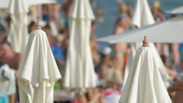 Onscherpe achtergrond. strandstoelen en parasols op het strand, onherkenbaar mensen rusten — Stockvideo