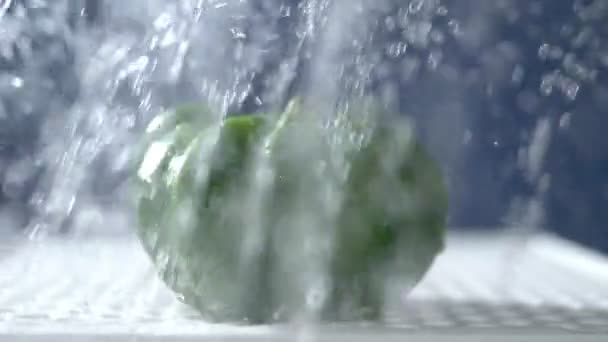 Pimienta verde dulce sobre un fondo oscuro en el estudio bajo chorros de lluvia . — Vídeo de stock