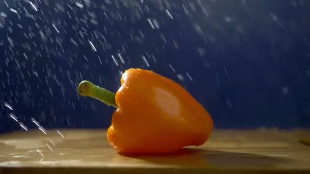 Sladký oranžový pepř na tmavém pozadí ve studiu pod tryskami deště. — Stock video