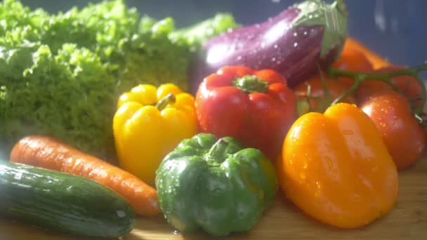 Verduras frescas sobre un fondo oscuro en el estudio bajo chorros de lluvia. concepto de cosecha otoño — Vídeos de Stock