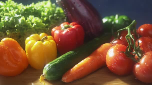 Verduras frescas sobre un fondo oscuro en el estudio bajo chorros de lluvia. concepto de cosecha otoño — Vídeo de stock