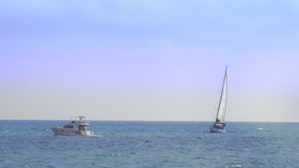 Concepto de deportes acuáticos, diversión de verano. barcos y veleros en el mar . — Vídeo de stock