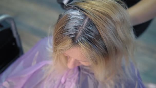Gros plan. concept de teinture capillaire. coloriste coiffeur teindre les cheveux d'une femme avec un pinceau — Video