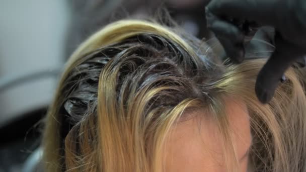 Close-up. koncepce barvení vlasů. Kadeřník barvivo barvení vlasů ženy štětcem — Stock video