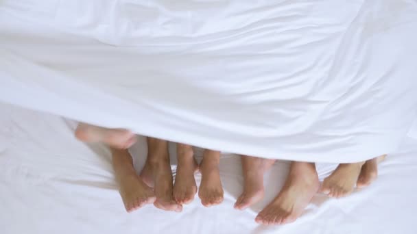 개념 섹스 클럽, 스윙 클럽, 라이프 스타일 클럽, 공식, 비공식 그룹. 킹 사이즈 침대에 흰색 시트에 흰색 담요 아래 사람들의 그룹의 발 — 비디오