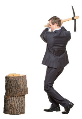 office worker, manager, businessman in suit and tie with a pickaxe. isolated on a white background. allegory. clipart