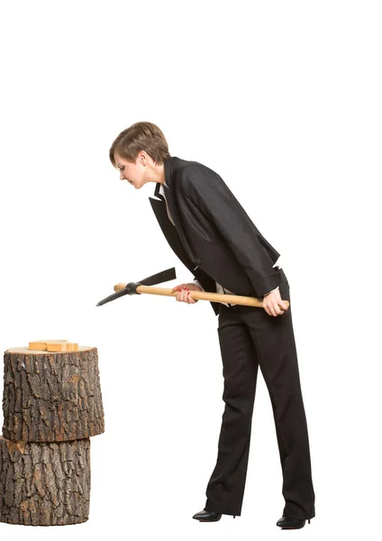 Allegory. office worker, manager, tortured business woman with a pickaxe on a white background — Stock Photo, Image