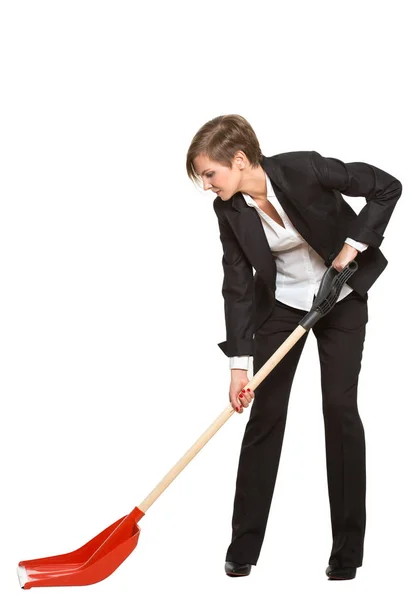 Allegori. kontorsarbetare, chef, torterad affärskvinna med en spade på en vit bakgrund — Stockfoto