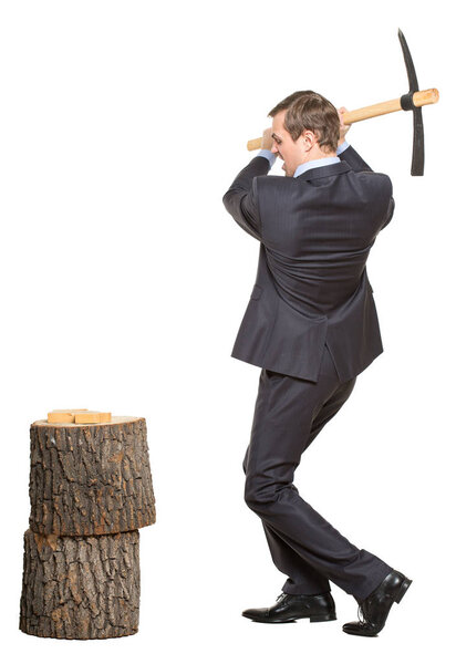 office worker, manager, businessman in suit and tie with a pickaxe. isolated on a white background. allegory.