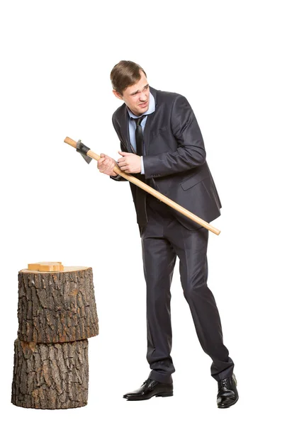 Office worker, manager, businessman in suit and tie with a pickaxe. isolated on a white background. allegory. — Stock Photo, Image