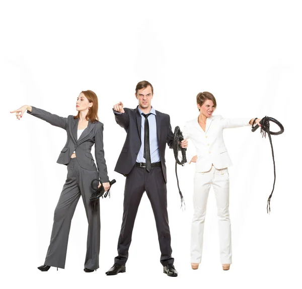 Collage, på en vit bakgrund. humor, aligoria. två kvinnliga Boss och manliga Boss med en piska, begreppet kontorsarbete, Management — Stockfoto