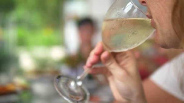 Close-up. mulher bebendo vinho em uma mesa em um jantar amigável ou familiar — Vídeo de Stock
