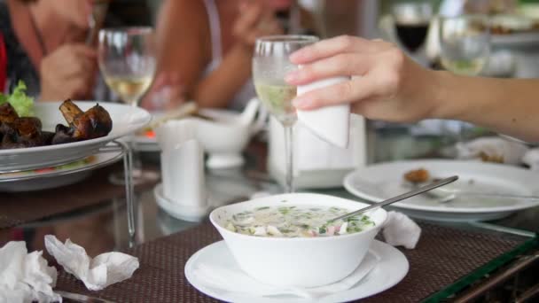 Cena amichevole o in famiglia. il focus delle donne è la zuppa di sale dallo shaker di sale. la gente mangia e beve a un grande tavolo — Video Stock