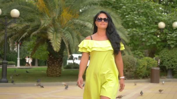 Beautiful young brunette woman walking in a park on a hot summer day. — Stock Video