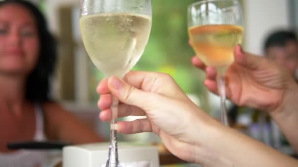 Nahaufnahme. Menschen klirren bei einem geselligen oder familiären Abendessen an einem Tisch mit Weingläsern — Stockvideo
