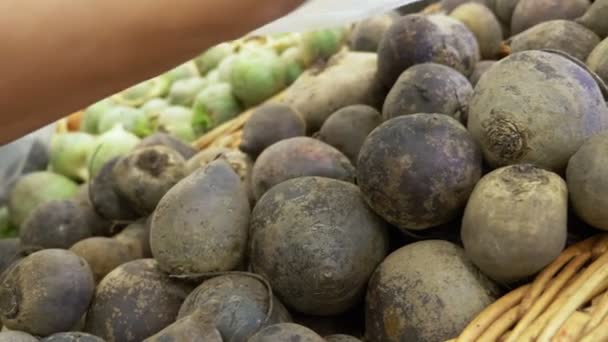 Barbabietole in un contenitore in un supermercato, sfondo. vista dall'alto . — Video Stock