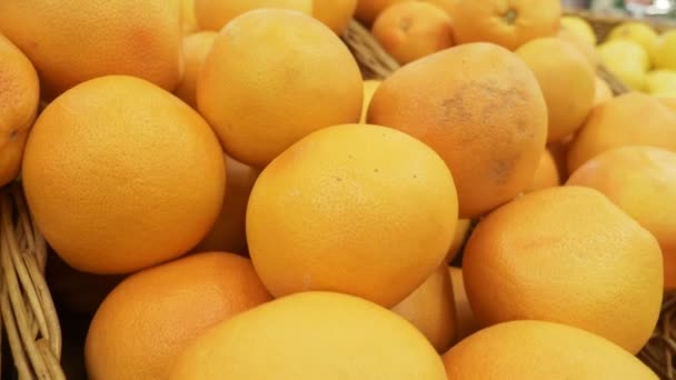 Свежие апельсины. крупным планом. апельсины на прилавке в супермаркете — стоковое видео