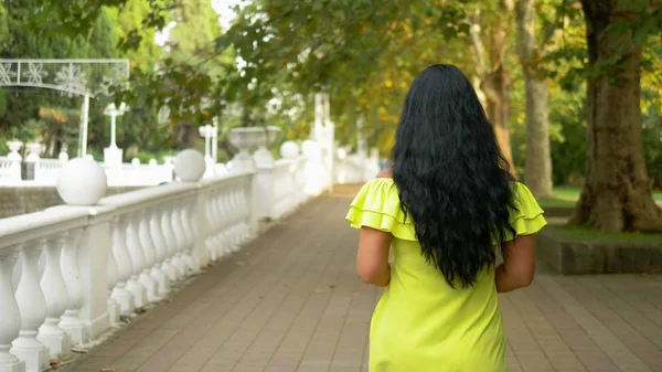 Hermosa joven morena caminando en un parque en un caluroso día de verano. visión trasera, la cámara la sigue —  Fotos de Stock