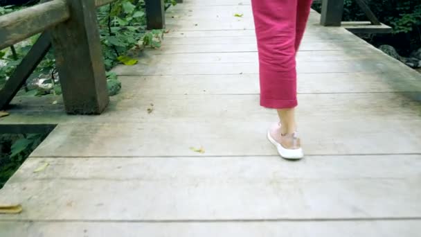 Pembe spor ayakkabılı ve bordo pantolonlu kadın bacakları ormanda ahşap bir köprüde yürüyor. — Stok video