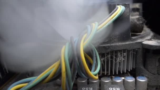 Close up . the details. steaming motherboard and computer cooler — Stock Video