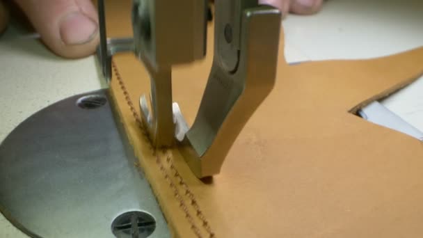 슈퍼 클로즈업. 세 밀히 짜여진 재봉틀 이 가죽 제품에 솔기를 박는다 — 비디오