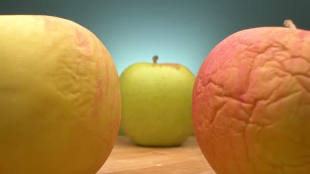 Vista entre filas de manzanas. viejas manzanas verdes arrugadas y jóvenes juntas — Vídeos de Stock