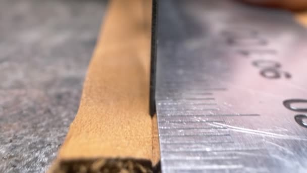 Superclose-up. mannelijke handen gesneden een strook leer met een scherp mes — Stockvideo