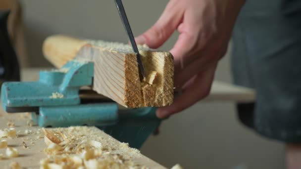 Nahaufnahme. Männerhände sägten mit einer Raspel einen Holzbalken. drinnen — Stockvideo