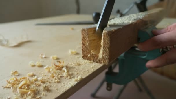 Close-up. mannelijke handen zagen met een rasp een houten balk. binnen — Stockvideo