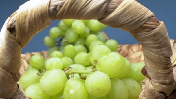Super de perto. Detalhes de uvas verdes em uma cesta em um fundo azul — Vídeo de Stock