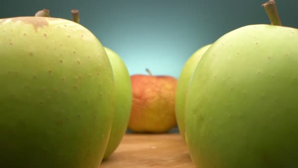 Vista entre filas de manzanas. viejas manzanas verdes arrugadas y jóvenes juntas — Vídeos de Stock