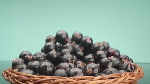 Super gros plan. détails des baies de cassis dans un panier sur une table — Video