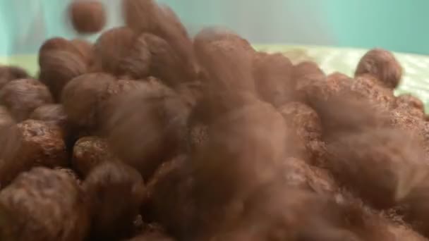 Super detalles de primer plano. cereales para el desayuno en forma de bolas de maíz de chocolate . — Vídeo de stock