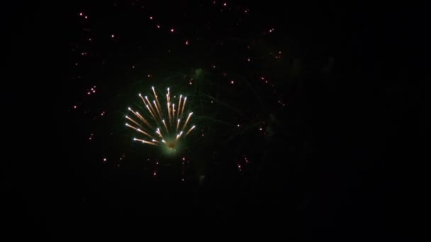 Πυροτεχνήματα στον νυχτερινό ουρανό από κοντά. εορταστικό αφηρημένο φόντο — Αρχείο Βίντεο