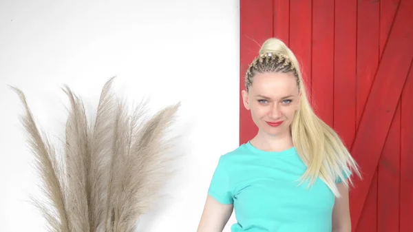 Stijlvolle jonge blonde vrouw met afro-vlechten. studio opname — Stockfoto