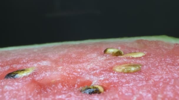 Super close-up, details. schijfjes sappige rode watermeloen met zaden — Stockvideo