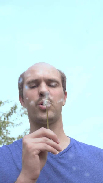 Vertically. young balding man blows on a dandelion on a background of blue sky — Stock Photo, Image
