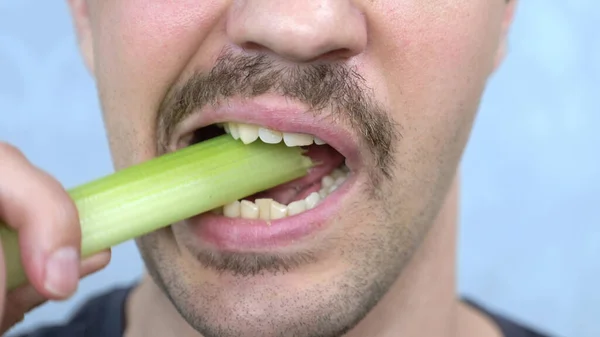 Bouche à gros plan. bel homme moustachu mange joyeusement une tige de céleri — Photo