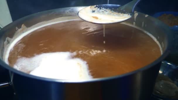 Primo piano di birra prodotta in una casseruola. processo di produzione della birra domestica — Video Stock