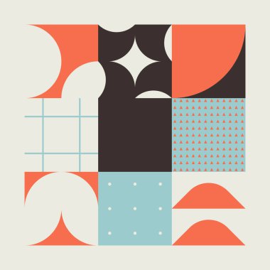 Basit şekil ve şekillere sahip kare çizimlerin soyut geometriği. Geometri elementleriyle vektör desenli grafikler. Web afişi, iş sunumu, marka paketi, kumaş baskısı için mükemmel