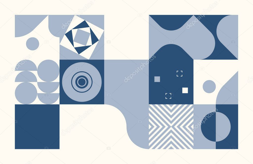 Duotone colored digital collage of vector abstract infographic elements made with geometric shapes and forms, useful for web background, website header, poster design, digital print, cover artwork.