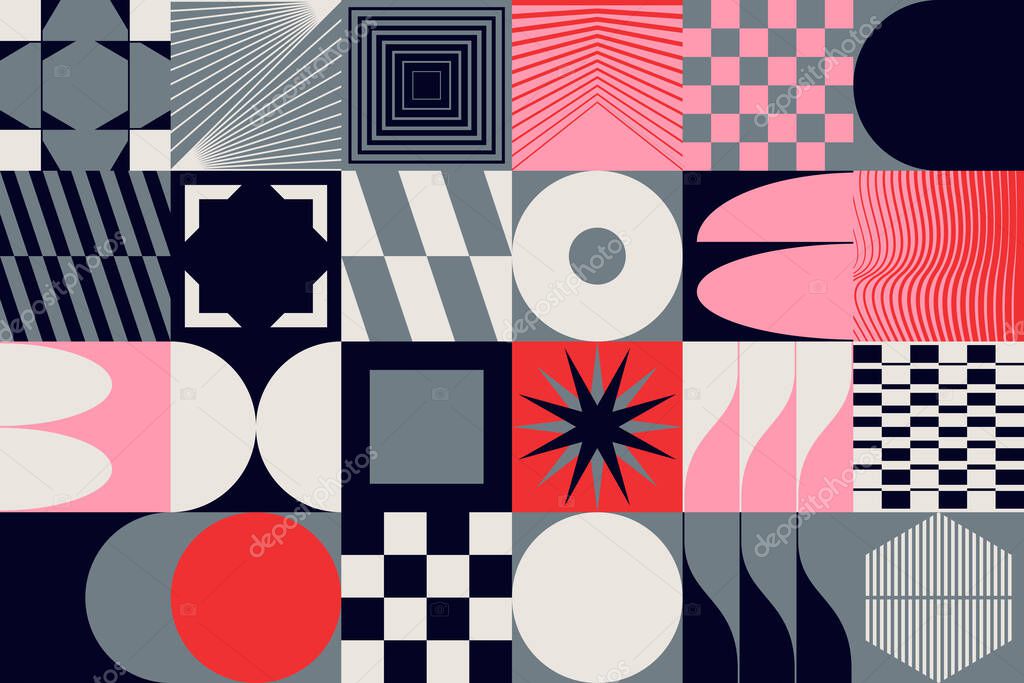 Neo Modernism artwork pattern made with abstract vector geometric shapes and forms. Simple form bold graphic design, useful for web art, invitation cards, posters, prints, textile, backgrounds.