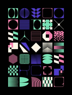 İsviçre tasarım tarzı soyut poster düzeni geometrik grafikler ve kalın elementlerle. Basit vektör şekilli modern geometri kompozisyonu çizimleri. Poster tasarımı, web sunumu vs. için kullanışlı.