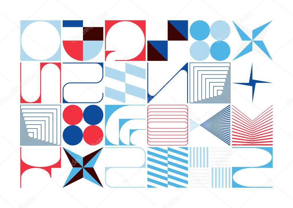 Swiss design style abstract poster layout with geometric graphics and bold elements. Modern geometry composition artwork with simple vector shapes. Useful for poster design, web presentation, etc.
