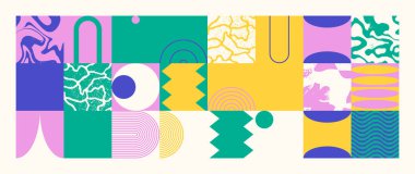 Soyut model tasarımında geometrik sıkıntı estetiği. Brutalizm basit geometrik şekiller ve grunge dokusuyla yapılmış, poster sanatı ve dijital baskılar için kullanışlı vektör grafikleri kolajından ilham almıştır..